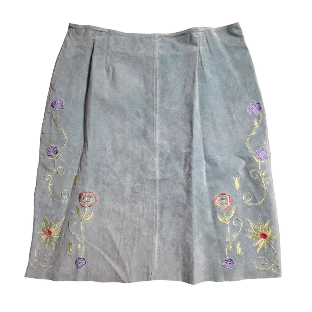Randolph Duke The Look Suede Leather Floral Embroidered Midi Skirt 16 Boho NWT
